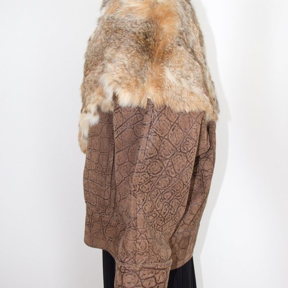 Unisex Leather Real Fur Collar Jacket Bomber Brown Large - Picture 5 of 11